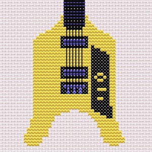 May include: Cross-stitch design of a yellow guitar with black and purple accents. The word "81" is stitched in black on the side of the guitar. The background is a white cross-stitch fabric.