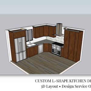 Puede incluir: Una representación 3D de un diseño de cocina personalizado en forma de L. La cocina presenta gabinetes de color marrón oscuro, electrodomésticos de acero inoxidable y una encimera gris. El texto en la parte inferior dice "CUSTOM L-SHAPE KITCHEN DESIGN 3D Layout • Design Service Only."