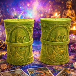 May include: Two green candles with a dollar bill design, featuring Benjamin Franklin's portrait. The candles are cylindrical and have a band around the middle. The background includes lit candles, crystals, and tarot cards, creating a mystical theme.