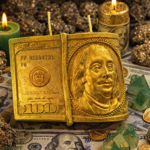 May include: A gold-coloured candle shaped like a stack of £100 bills, with a portrait of Benjamin Franklin. The candle is surrounded by burning green candles, gold coins, and US currency. The candle has two wicks.