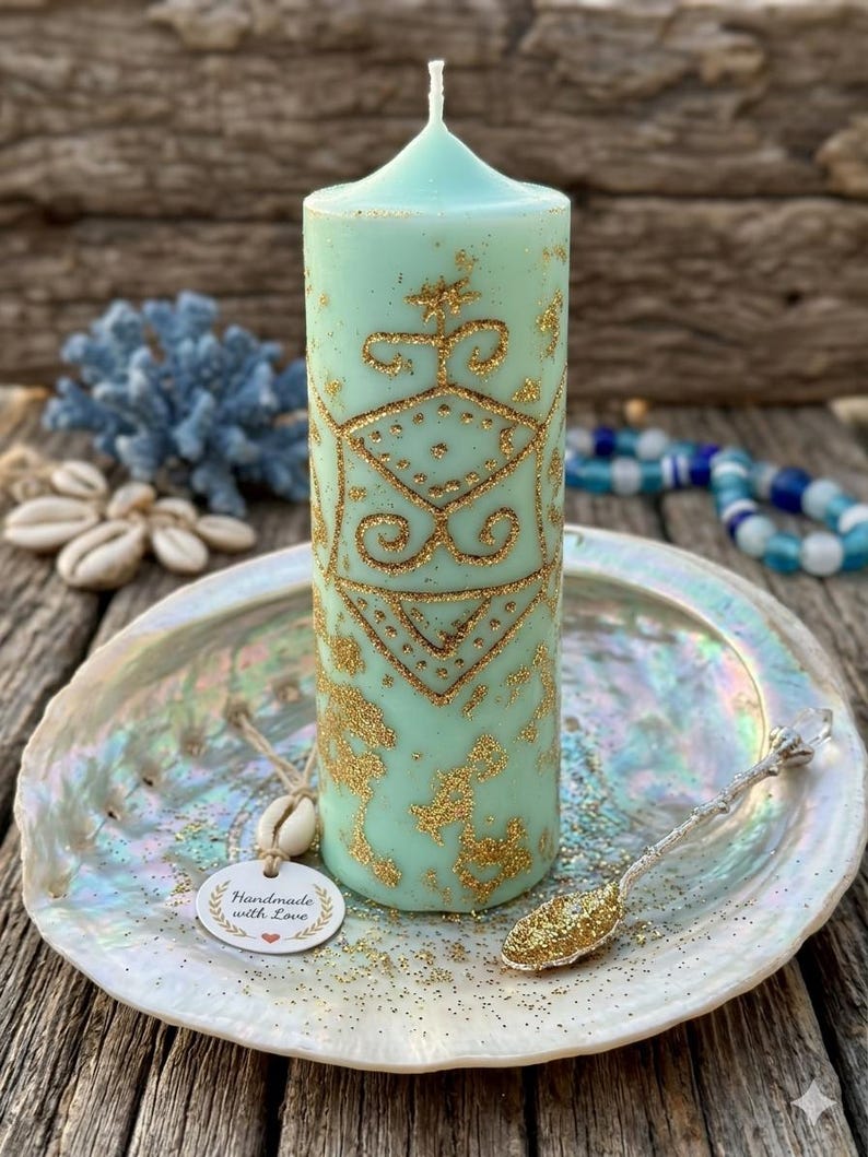 May include: A pale green pillar candle with gold glitter patterns and a white wick. The candle is on a pearlescent shell-shaped dish with a small spoon. A tag reads "Handmade with Love."