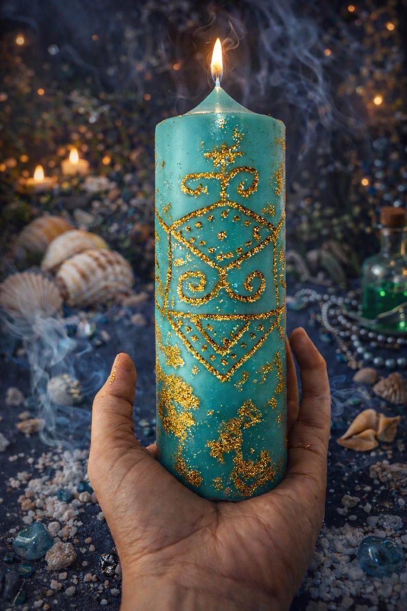 May include: A lit, turquoise pillar candle with gold glitter detailing. The candle features a geometric design and is held in a hand. The background includes seashells, crystals, and a blurred, dark blue backdrop.