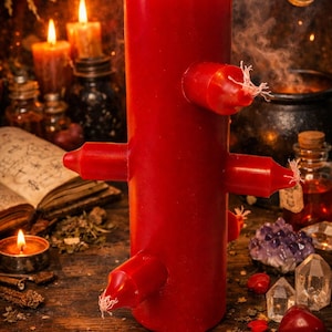 Puede incluir: Una vela roja grande con múltiples proyecciones laterales, rodeada de velas, cristales y botellas de pociones. La vela tiene un diseño único con varias velas más pequeñas que se extienden desde sus lados. La escena evoca un tema místico o espiritual.