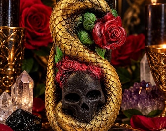 Spirituelle Ritualkerze mit Schlange und Totenkopf für Schutz, Wiedergeburt, Schattenarbeit und Ahnenbetreuung