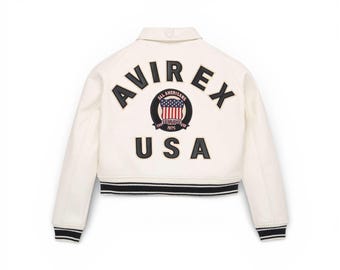 Avirex Damen Kurz-Bomberjacke aus echtem Leder - Varsity Baseball Retro Oberbekleidung