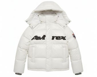 Vintage Avirex Real Leather Jacket — White Hooded Puffer, Men’s Bomber Style Winter Coat