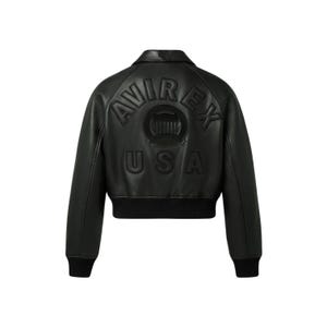 May include: Black leather bomber jacket with the embossed text "AVIREX USA" on the back. The jacket features a ribbed hem and cuffs, a classic collar, and a cropped fit. A stylish outerwear piece.