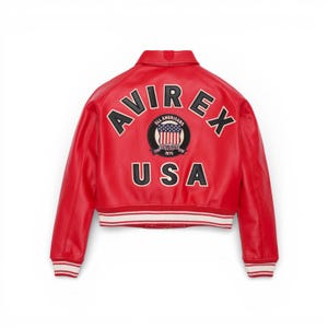 May include: A red leather jacket featuring the word "AVIREX" and "USA". A circular patch with the American flag is centered. The jacket has white and black striped cuffs and hem. The jacket is a classic bomber style.