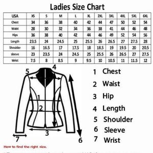 May include: A size chart labelled "Ladies Size Chart" with measurements in inches for chest, waist, hips, length, shoulder, sleeve, and wrist. A diagram of a jacket illustrates where to measure.