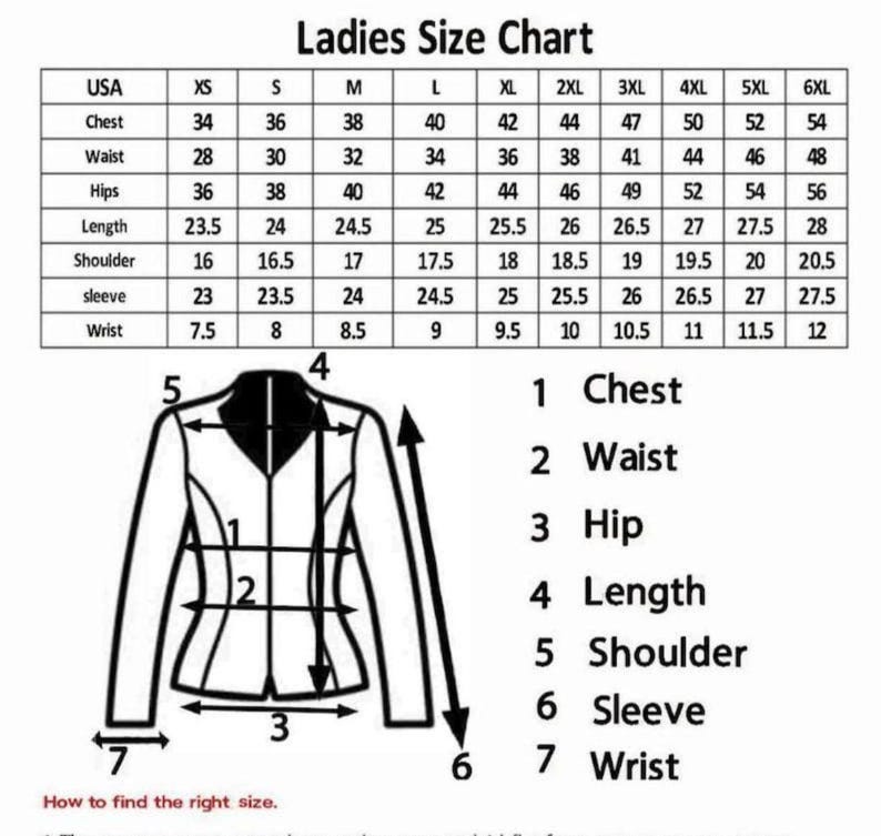 May include: A size chart labelled "Ladies Size Chart" with measurements in inches for chest, waist, hips, length, shoulder, sleeve, and wrist. A diagram of a jacket illustrates where to measure.