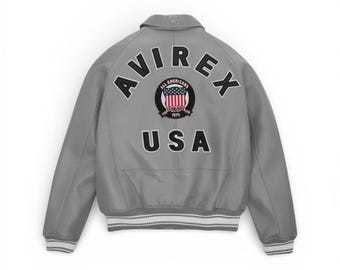 Avirex Varsity Leather Jacket – USA Patch Back American College Bomber Outerwear