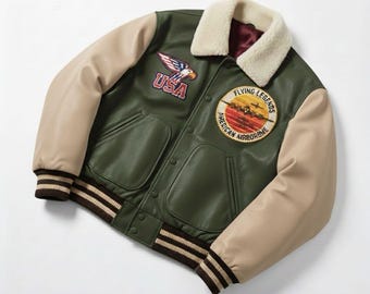 USA Eagle Real Leather Bomber Jacket — Vintage Aviator Varsity Jacket with Patches