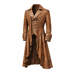 May include: A brown, long coat with a steampunk design. The coat features a double-breasted front with multiple buttons, a notched collar, and a vest-like panel. The coat has long sleeves with buttoned cuffs and a flowing, asymmetrical hemline.