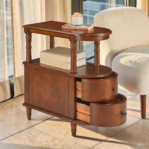 Vintage Solid Wood Side Table, Narrow Bedside Table, Wooden Nightstand with 2 Drawers, Rustic Accent Table, Caramel Brown