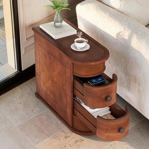 Solid Wood End Table, Narrow Side Table with 2 Drawers, Wooden Nightstand, Bedside Table, Rustic Farmhouse Accent Table