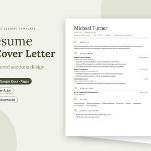 Puede incluir: Una plantilla editable de currículum y carta de presentación con un diseño de secciones numeradas. El documento incluye campos para perfil, experiencia, educación, habilidades y certificaciones, con el texto Michael Turner, Project Manager.