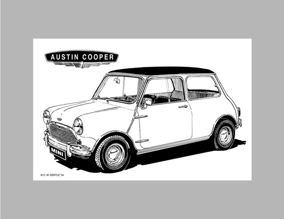 Items Similar To Mini Austin Cooper Black White Drawing Mk 1