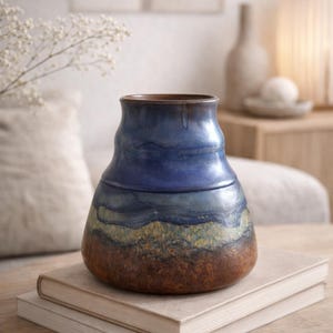 Pode incluir: Um vaso de cerâmica artesanal com uma forma única e uma mistura de cores. O vaso apresenta uma base castanha escura, passando para faixas de amarelo, verde e azul, e coberto com uma borda azul escura. Está colocado sobre uma pilha de livros numa mesa de madeira.