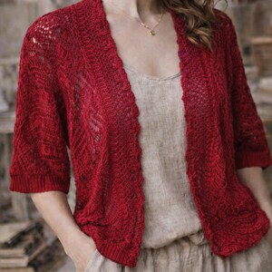 Roter Cardigan mit Lochmuster aus Baumwollmischgewebe – Boho-Top mit Spitzenstrick – Leichter Cardigan im Vintage-Stil – Marke: Chic – Größen S und M