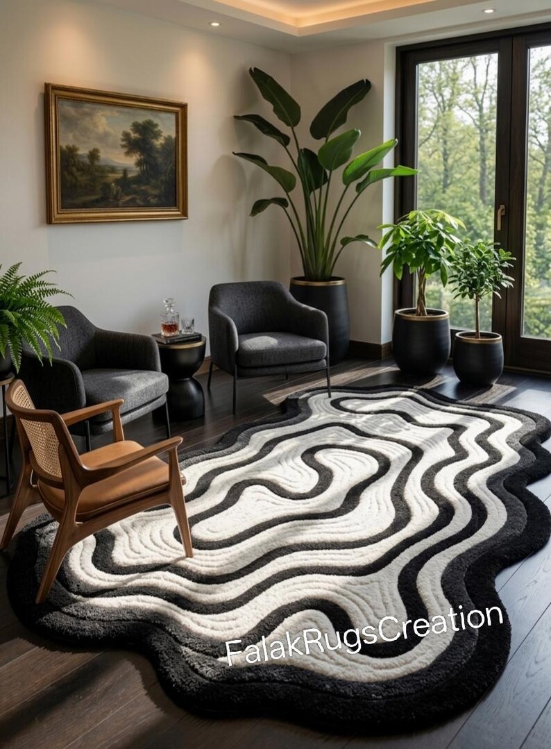 Hand Tufted Abstract Rug Black White & Green White Organic Design Wool ...