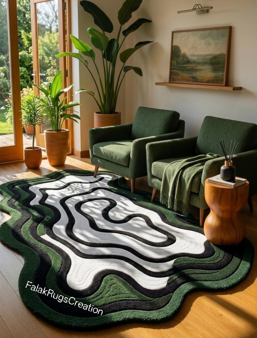 Hand Tufted Abstract Rug Black White & Green White Organic Design Wool ...