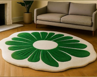 Hand getufteter Wollteppich in Blumenform | Grüner Cremefarbener Teppich mit Blumenmuster | Moderner Runder Handgemachter Teppich