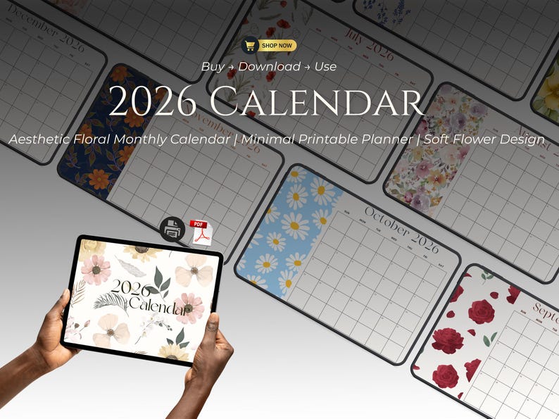 Floral Aesthetic Calendar 2026 | Monthly Planner | Minimal Flower ...
