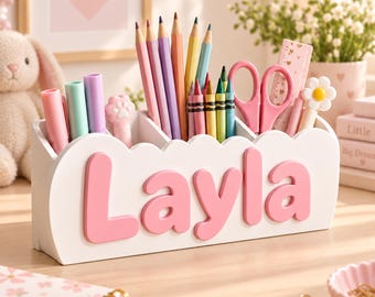 Personalized Name Desk Organizer, Custom Kids Pencil Holder, Pink & White School Supply Organizer, Kids Room Desk Decor