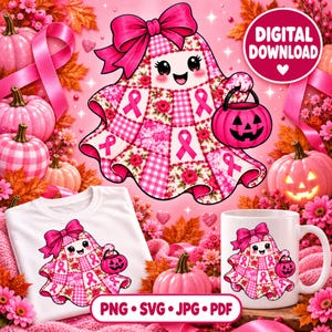 Coquette Pink Ribbon Ghost PNG SVG, Breast Cancer Awareness Halloween Sublimation Design, Digital Download