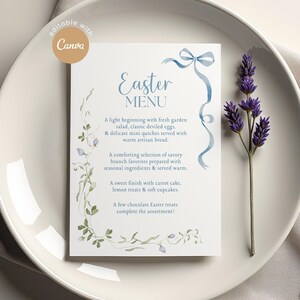 Redigerbar blommig påskmenymall, Coquette vårfestkort (Canva)