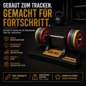 Könnte beinhalten: Ein schwarzer Gewichtheber-Displayständer mit einer Langhantel und farbigen Gewichtsscheiben. Die Scheiben sind rot, gelb, grün und blau, mit einem Gesamtgewicht von 100 kg. Der Text auf dem Ständer lautet "DEIN NAME".