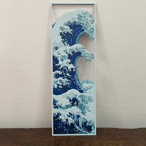 Puede incluir: Una pieza de arte mural rectangular que representa una ola oceánica estilizada en tonos azules y blancos. La obra de arte está enmarcada en un borde rectangular azul claro y se coloca sobre una superficie de madera.