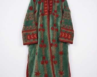 Chaqueta larga suzani bordada a mano, bata kimono larga bordada de dos colores, ropa de invierno, abrigo verde largo para mujer, kimono largo suzani