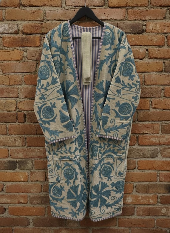 Suzani Embroidered Long Jacket Coat, Hand Block Print Cotton Canvas Robe, Bohemian Ethnic Layering Outerwear, Unisex Artisan Jacket Gift