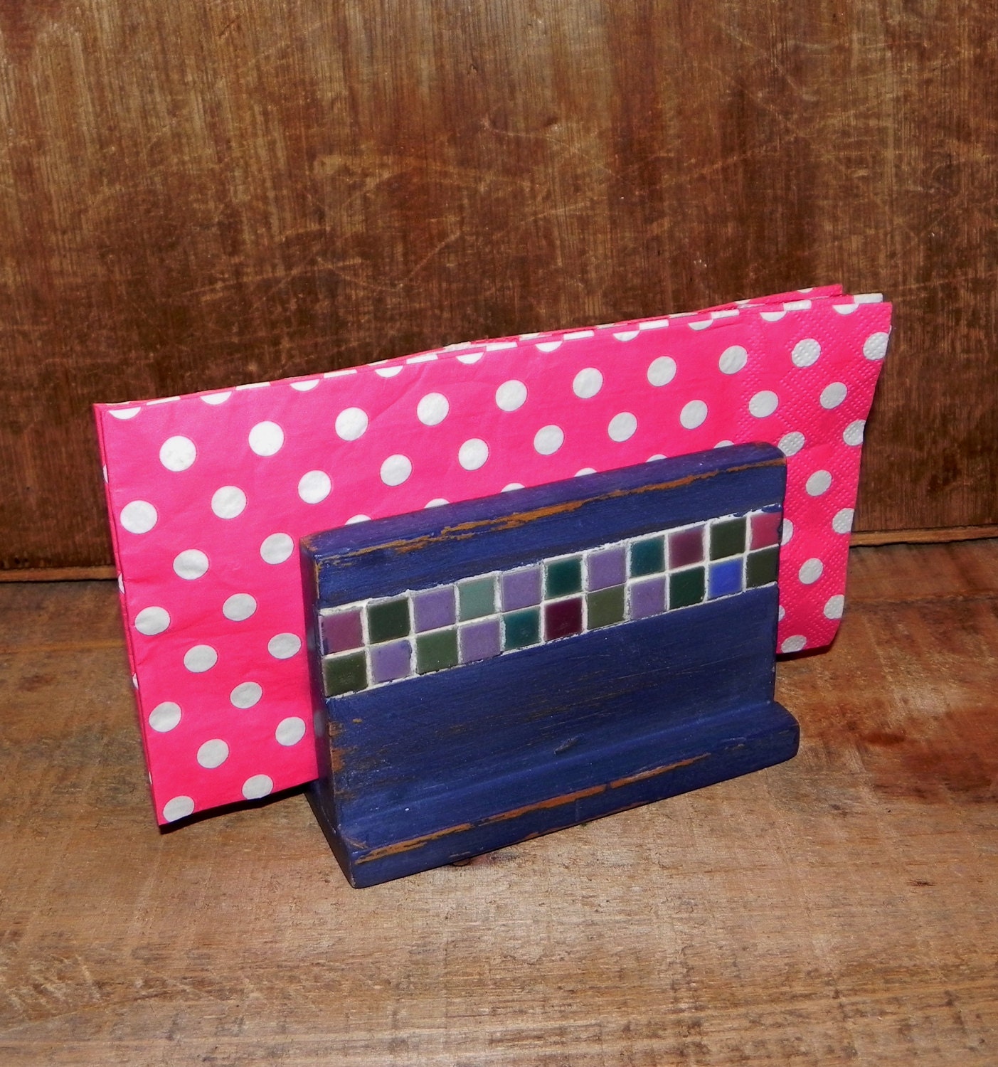 SALE Navy Blue Vintage Napkin Holder Wooden and Ceramic Etsy