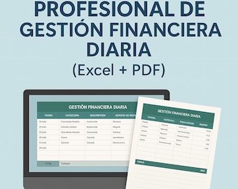 May include: A computer monitor and a printed sheet displaying a financial management template. The text on the screen and paper reads "PLANTILLA PROFESIONAL DE GESTIÓN FINANCIERA DIARIA (Excel + PDF)" and "GESTIÓN FINANCIERA DIARIA". The template includes columns for categories and descriptions.