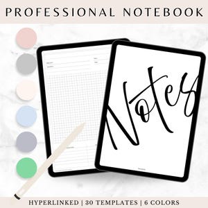May include: Two black digital notebooks, one displaying the word "Notes" in a handwritten style. The other shows a grid and lines for note-taking. A stylus and six colour swatches are also visible. Text at the top reads "PROFESSIONAL NOTEBOOK".
