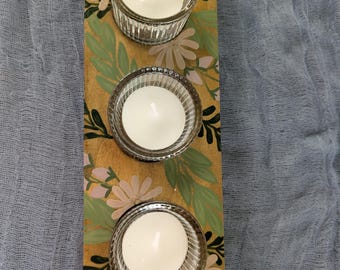 Hand painted wood tea light candle holder