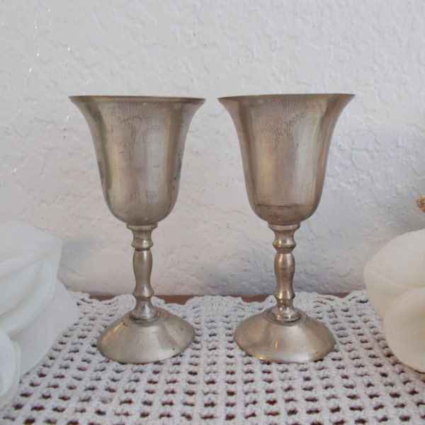 Vintage Silver Wedding Shot Glass Set Two Bride Groom Pair Toast Shower Barware Footed Stemmed Entertaining Gift Him Her Hollywood Regency