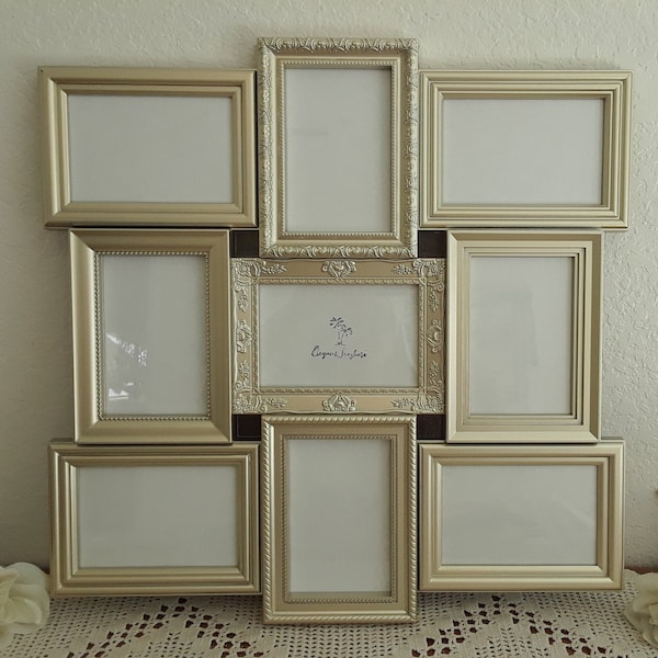 Light Champagne Gold Wedding Seating Chart Picture Frame Collage Spring Summer Fall Winter Reception Centerpiece Decoration Ornate Decor