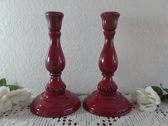 Large Rustic Red Taper Candle Holder Set up Cycled Vintage Carved Wood  Country Farmhouse Christmas Holiday Retro Cottage Home Decor Gift Her 
