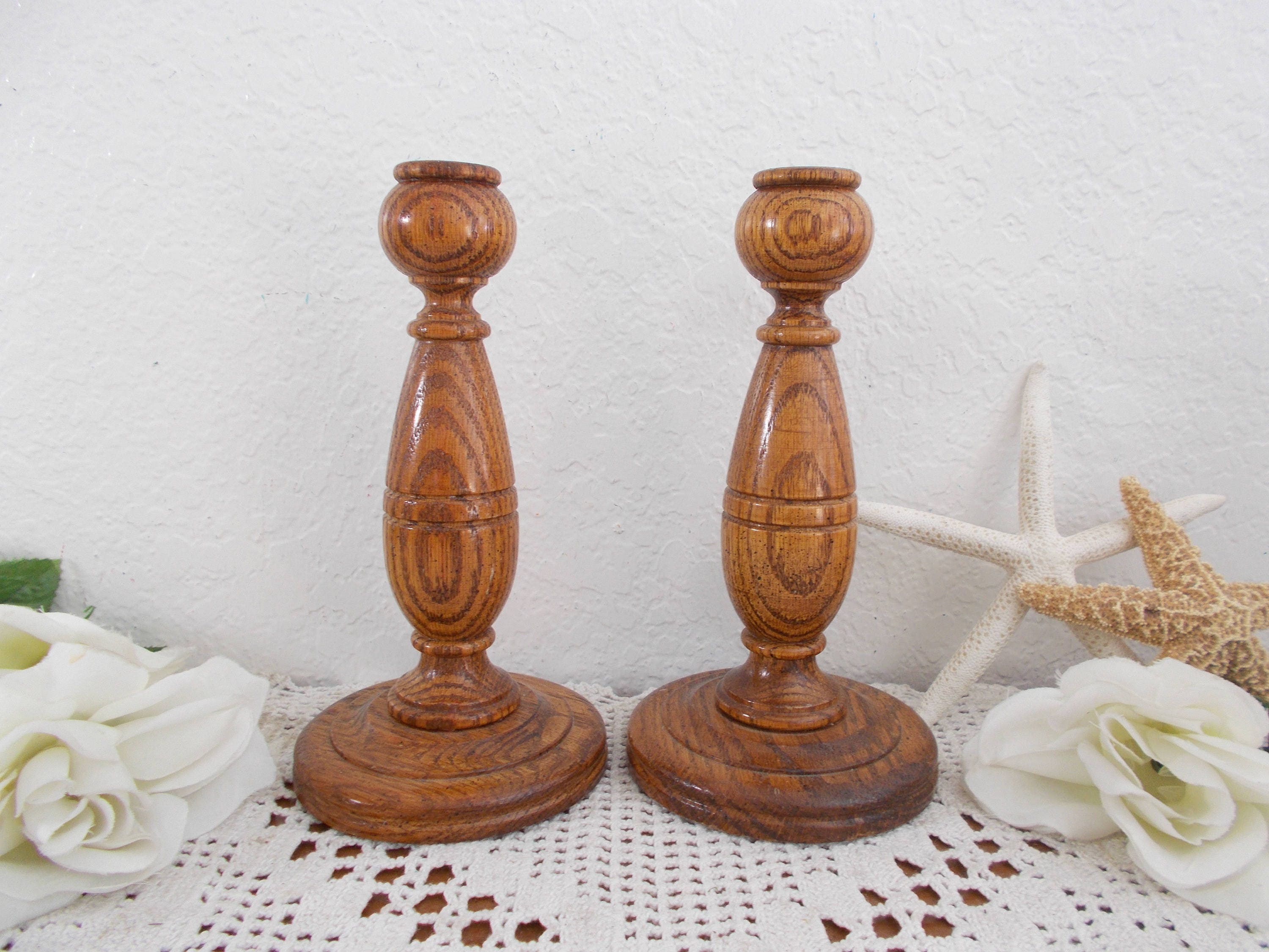 Vintage Wood Taper Candle Holder Set Carved Candleholder Pair Mid ...