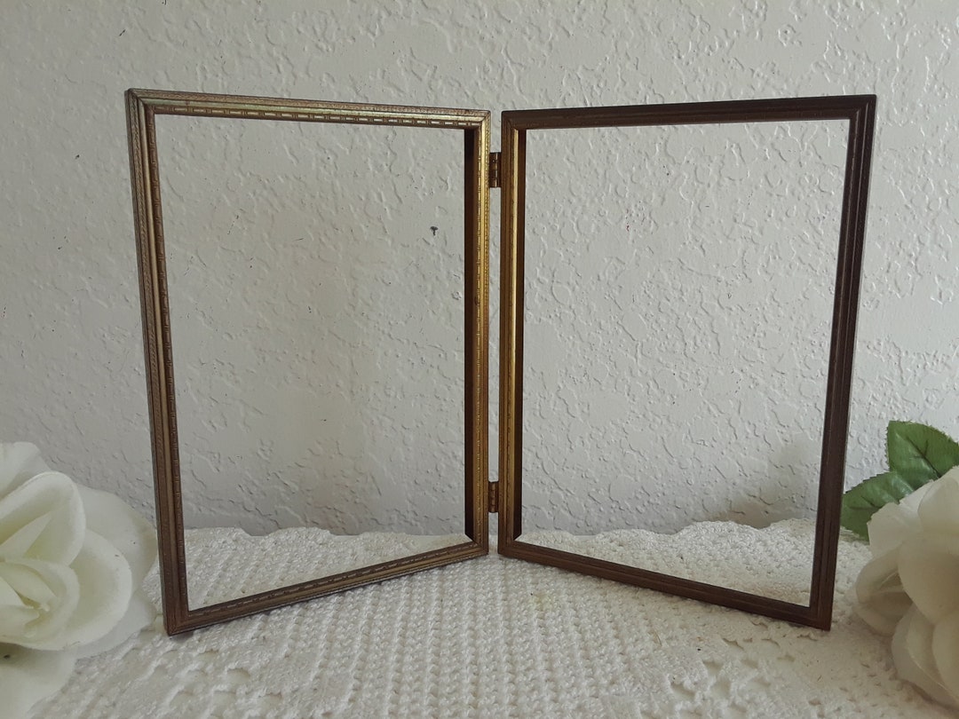 Vintage Ornate Double Hinged Dark Gold Brass Picture Frame Folding 2 ...