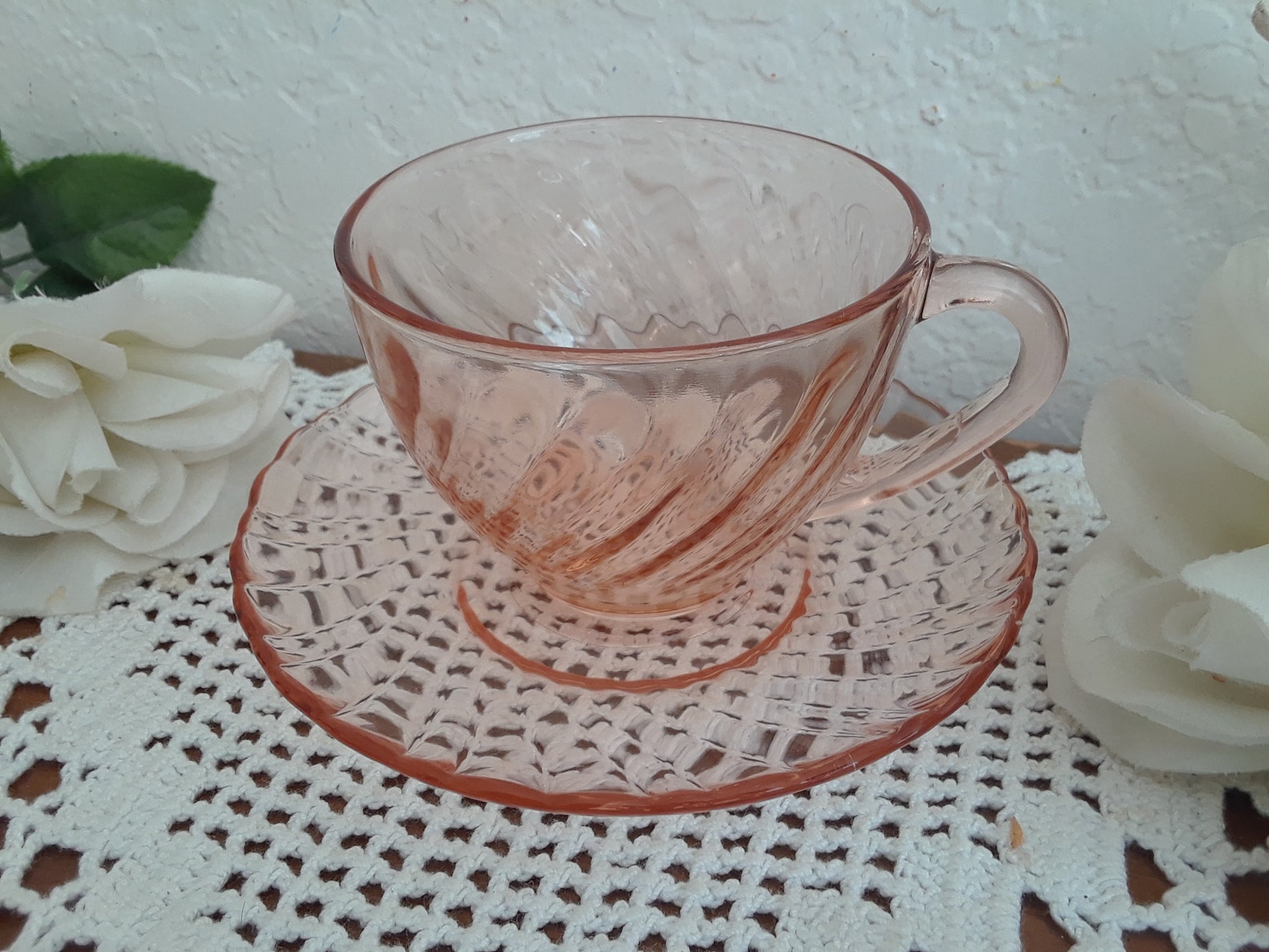 Vintage Clear Pink Glass Tea Coffee Cup & Saucer Set Rosaline Etsy