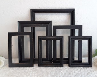 Black Picture Frame Set Up Cycled Vintage Rustic Shabby Chic Distressed Wood Photo Gallery Collection Country Farmhouse Man Cave Home Decor