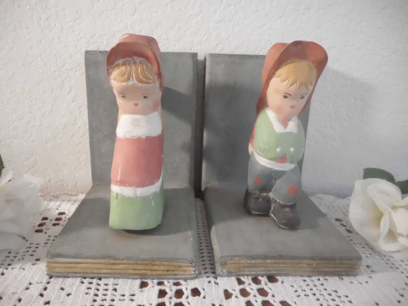 Vintage Childrens Bookend Set Boy Girl Rustic Pair of Two Door Etsy