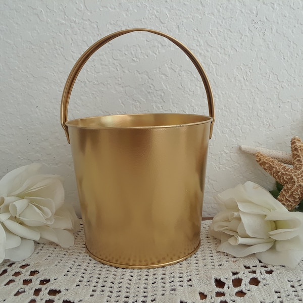 Gold Wedding Flower Girl Basket Up Cycled Vintage Beach Bucket Sand Pail Spring Summer Fall Winter Buffet Reception Decoration Gift Him Her