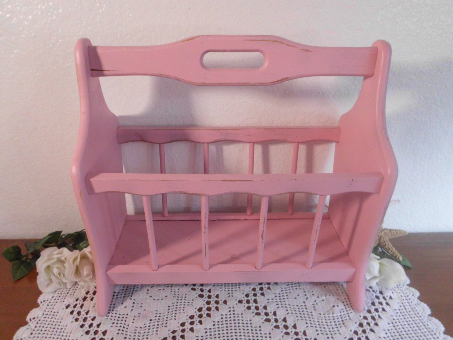 Magazine Rack Pink Shabby Chic Wooden Rustic Beach Cottage French Country Farm House Home Decor Up Cycled Vintage Wood Girl Baby Gift Her