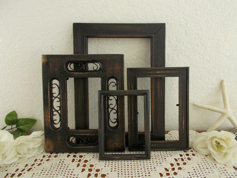 Black Picture Frame Set Upcycled Vintage Rustic Shabby Chic Distressed Wood French Country Farmhouse Traditional Western Mancave Home Decor
