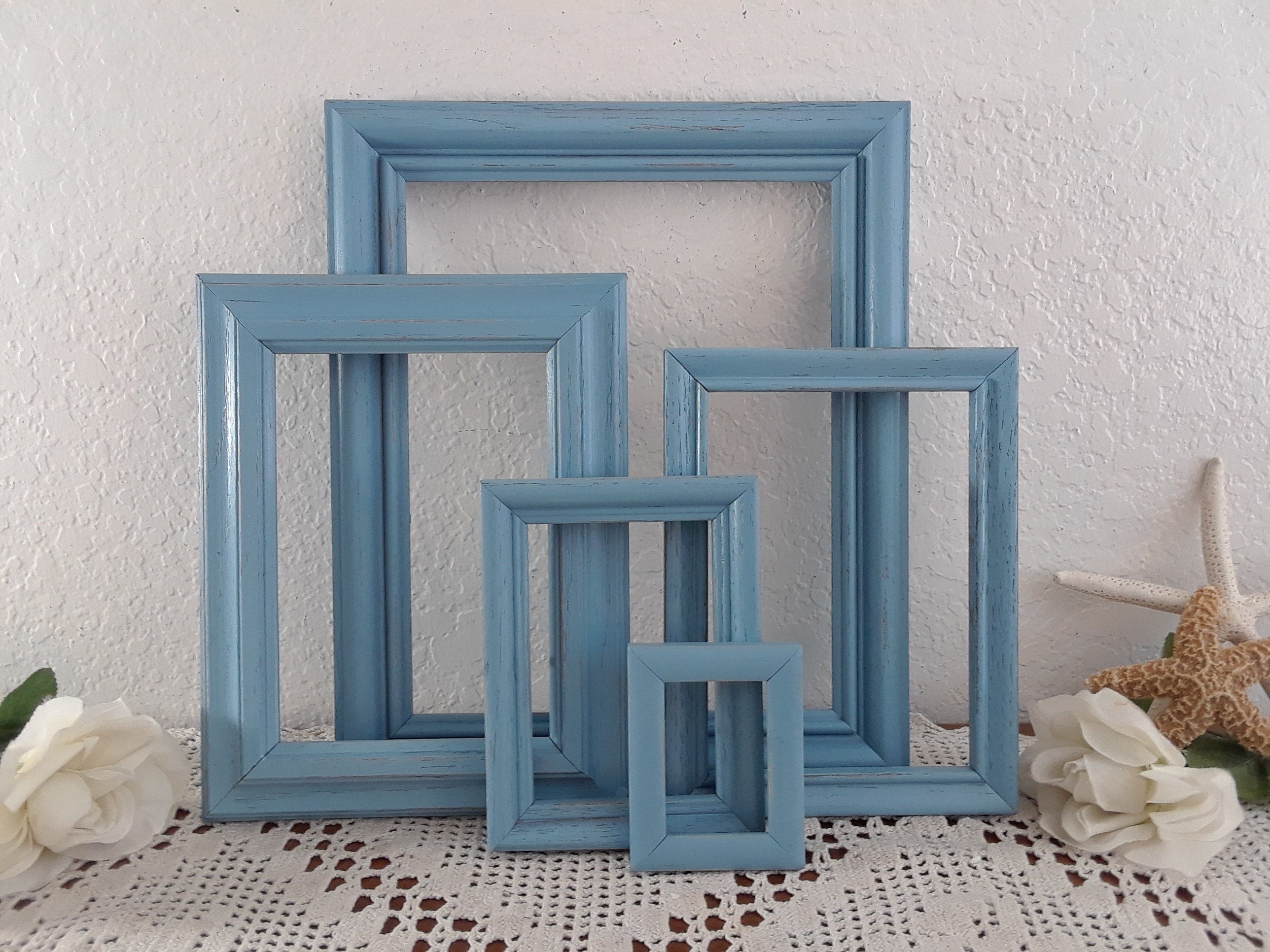 海の風景 木製フレーム付き Blue Picture Frame Set Upcycled Vintage Wood Photo Gallery